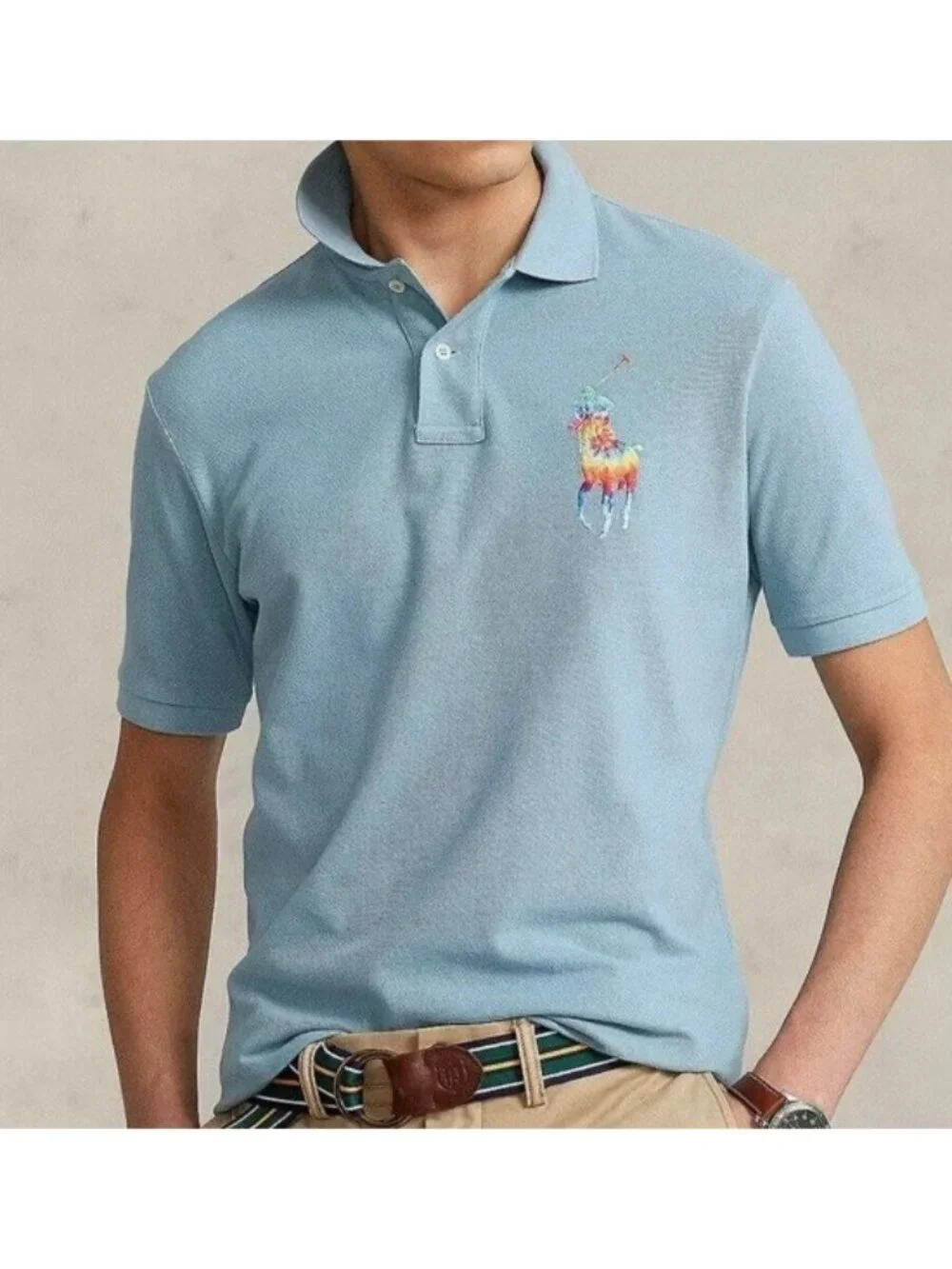 Polo Ralph Lauren Shirt Mens XXL Classic Fit Light Blue Big Pony Rainbow Tie Dye